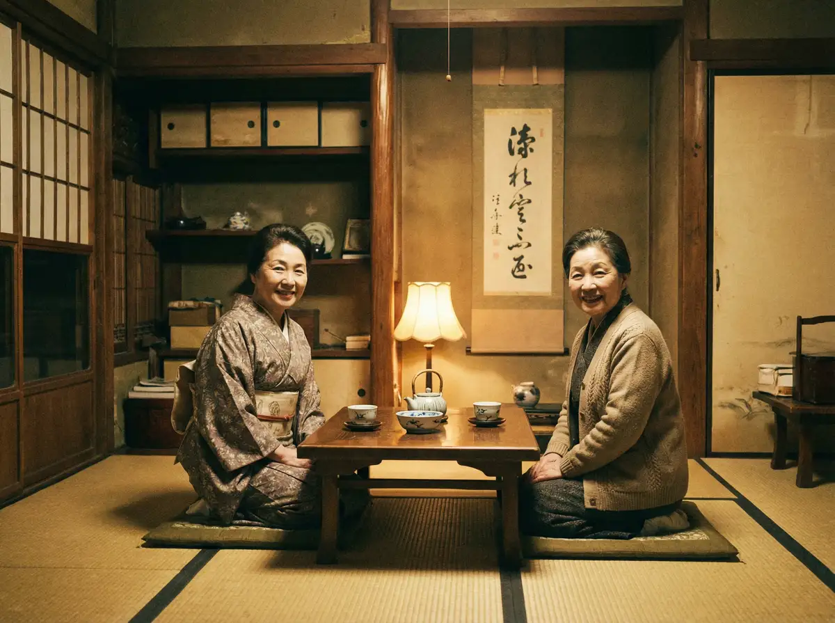 两位优雅的 免费高清视频 在日式茶室中品茶交谈